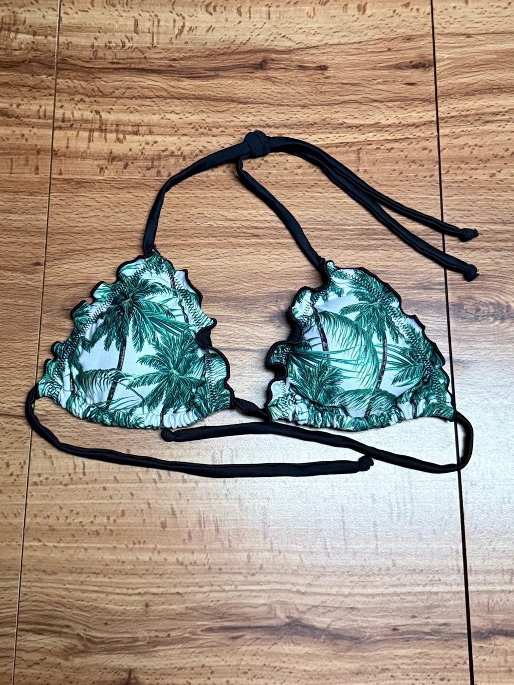 Women’s Palm Leaf Triangle Bikini Top  with Lettuce Ruffle Trim Green & Black